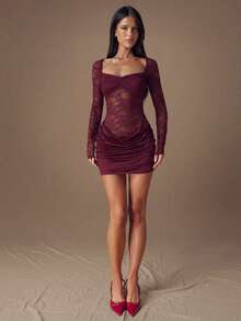 SHEIN BAE 勃艮第花蕾丝拼布圆领长袖镂空后背性感优雅精致迷你连衣裙，适合鸡尾酒会、浪漫约会、秋冬汗衫裙、派对、正式聚会、夜间外出连衣裙、婚礼宾客连衣裙、万圣节连衣裙、圣诞节连衣裙 - 酒紅色 - 查看 3