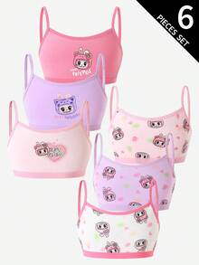 SHEIN 6件套少女可爱粉色、紫色、紫红色兔子印花吊带文胸，可爱文胸，秋冬款式服装，最佳圣诞礼物，舒适柔软内衣套装 - 彩色 - 查看 3