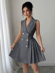 Rafferiza 女士简约纯色翻领双排扣无袖褶裥连衣裙，适合工作和通勤穿着。 - 淺灰色 - 查看 5