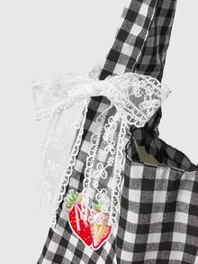 ROMWE Kawaii 1 chiếc balo thêu hình dâu tây, họa tiết kẻ caro đỏ trắng cổ điển, túi đeo vai dung tích lớn, túi xách nhẹ, đa năng cho mùa tựu trường và kỳ nghỉ. - màu đen - Xem 5