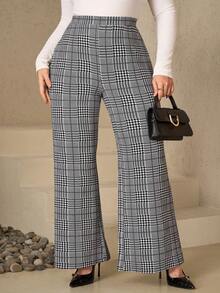 Ellevyn 大码女式高腰千鸟格阔腿宽松休闲裤 - 彩色 - 查看 6