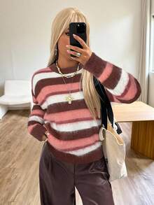 SHEIN EZwear 彩色条纹女士超大款圆领长袖宽松针织毛衣 - 粉色 - 查看 6
