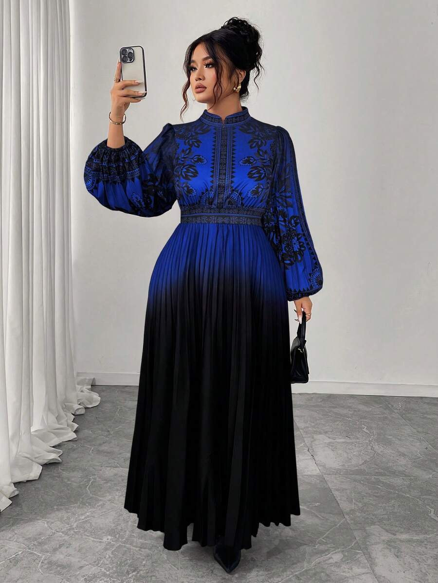 Elenzga 大码女式长款褶皱喇叭裙,黑色和杏色,圆领,收腰,修身,长袖,优雅适合下午茶和外出,佩斯利印花长裙 - 彩色 - 查看 1