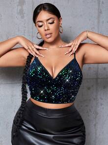 SHEIN SXY 大码女式休闲绿色亮片吊带背心，派对 - 綠色 - 查看 3