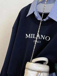 SHEIN 女式字母条纹印花休闲长袖套头衫 - 藏蓝色 - 查看 3