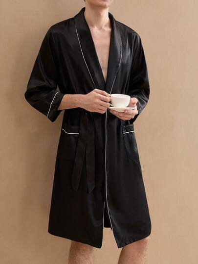 Guys Contrast Binding Belted Satin Robe