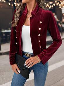 EMERY ROSE 女士纯色金属双排扣长袖休闲外套，秋季 - 酒紅色 - 查看 5