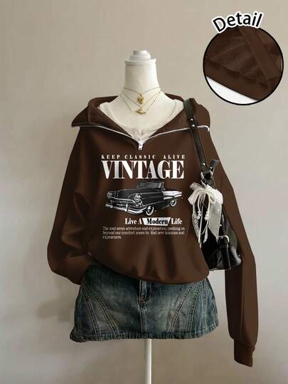 Attitoon Women's Loose Half-Zip High Neck Vintage Car Print Fleece Sweatshirt, Suitable For Autumn/Winter, Y2K, Street Style Graphic