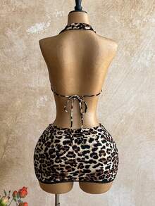 Soleia Casual Vacation Western Beach Wedding Guest Attire, Graduation Brunch, St. Patrick's Day Spring Break, Easter Music Festival, Elegant Boho Tropical Leopard Print Halter Neck Crop Top And Mini Skirt 2-Piece Set, Spring/Summer - Brown - View 2