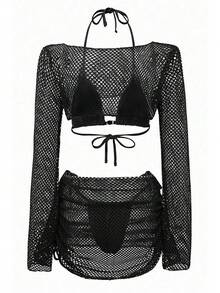 Swim SXY 4 件套女士性感纯色网眼面料比基尼套装，优雅酒红色沙滩泳衣 - 黑色 - 查看 3