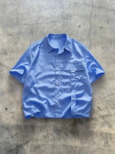 AXEPEAK Woven Striped Printed Casual Shirt Suitable For Everyday Wear, Baggy Short Sleeve Button Up Stripe Blue Shirt