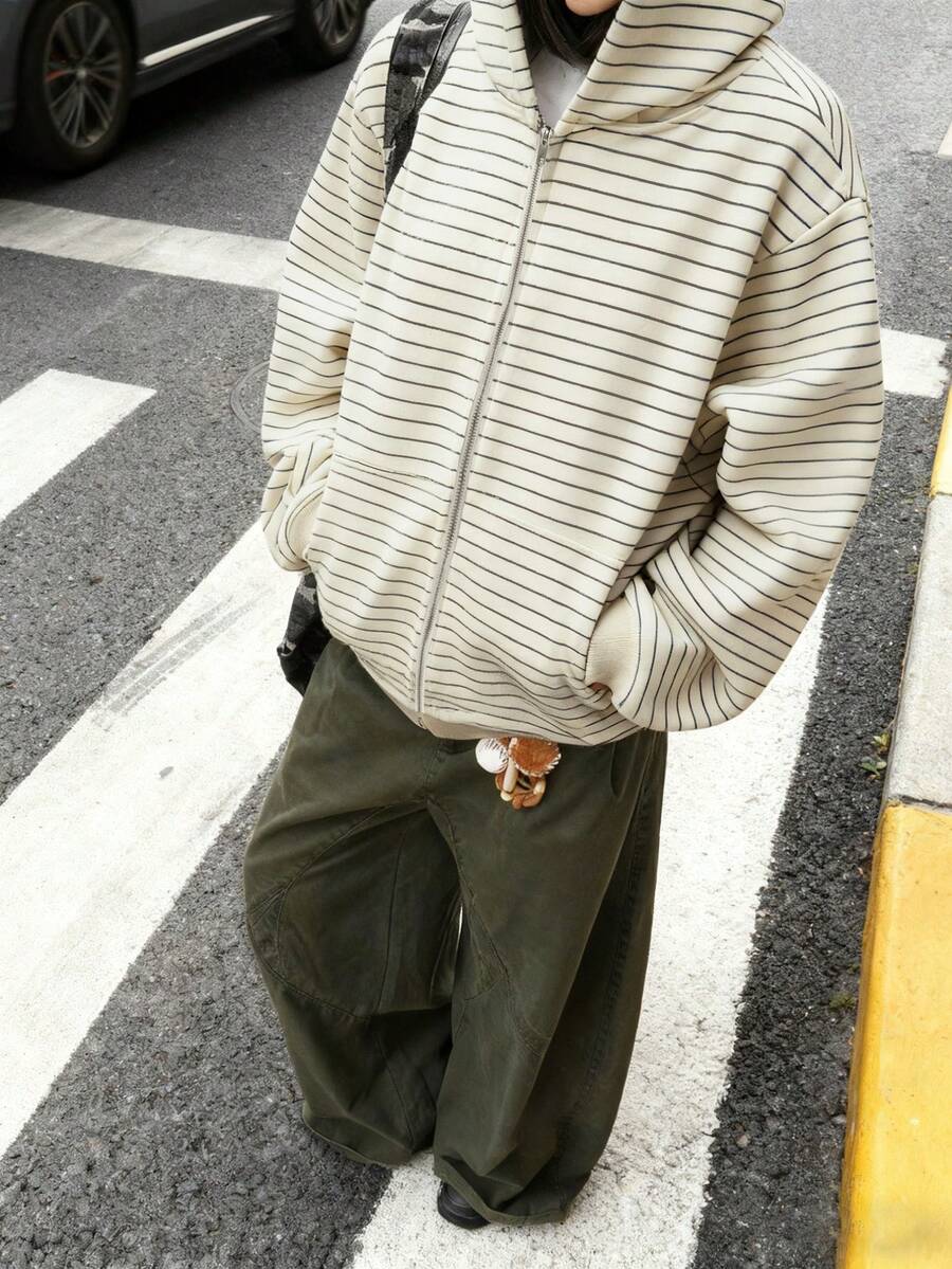 Manfinity Dauomo 男士条纹印花连帽拉链休闲长袖运动衫 - 彩色 - 查看 1