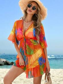 Swim Lushoire 女式度假海滩植物印花透明罩衫连衣裙夏季 - 橘色 - 查看 6