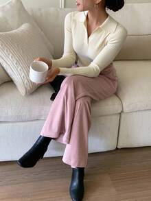 DAZY Women's Solid Color Minimalist Everyday Polo Neck Long Sleeve Sweater - White - View 5