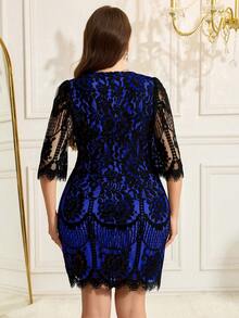 SHEIN Clasi Plus Size Elegant Black Lace Party Dress, Little Black Dress - Royal Blue - View 2