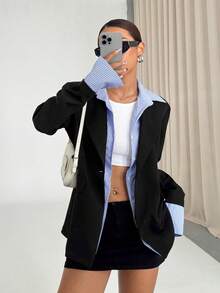 SHEIN Unity Color Block Striped Patchwork Women Blazer Jacket, 2 In 1 Design Fall Cloth For Women