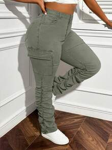 Slaydiva Plus Size Ruched Stretch Skinny Cargo Jeans - Army Green - View 1