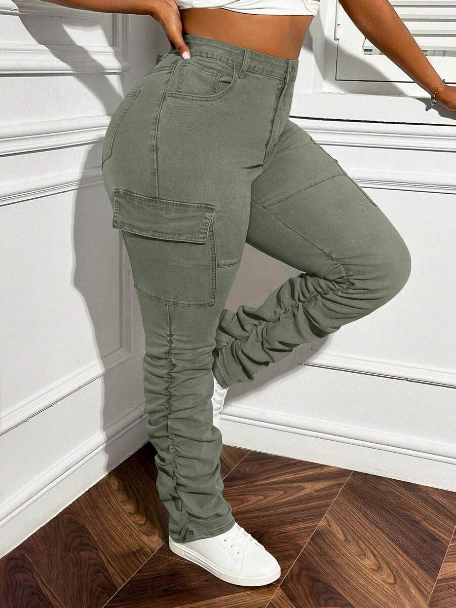 Slaydiva Plus Size Ruched Stretch Skinny Cargo Jeans - Army Green - View 1