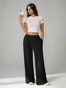 SHEIN Tall Spring And Summer New Casual And Versatile Slim Low-Waist Elastic Waistband Loose Wide-Leg Sweatpants Baggy - Black - View 3