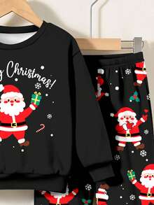SHEIN Baby Boy Black Christmas Deer Star Christmas Tree Cartoon Pattern Knit Sweatshirt And Pants Set,Cute Matching Family Autumn Warm Comfortable Outfit - Multicolor - View 5