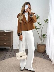 SHEIN LUNE Manteau court trench-coat à double boutonnage, avec patchwork imprimé léopard sur les poignets, pour femmes