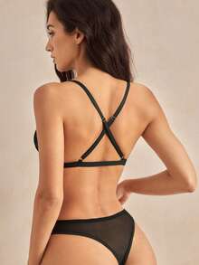 Charlaine Lace Patchwork Triangle Cup Front Closure Cleavage Enhancing Criss-Cross Strap Sheer Romantic French Style Elegant Refined Women's Lingerie Bra