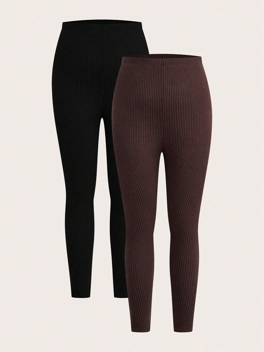 SHEIN EZwear 大码女式纯色松紧腰休闲罗纹运动裤 - 彩色 - 查看 1