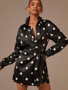 Athîral Women's Polka Dot Print Long Sleeve Tie Waist Casual Short Dress - Black and White - View 4