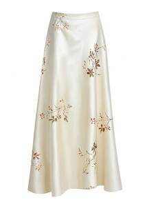 SHEIN Unity 大码女式缎面印花A字高腰中长优雅浪漫半身裙 - 杏色 - 查看 5