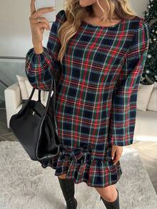 Easowa 圣诞红格子女式迷你连衣裙，圆领灯笼袖，荷叶边下摆，3D 花卉装饰 - 黑色 - 查看 1