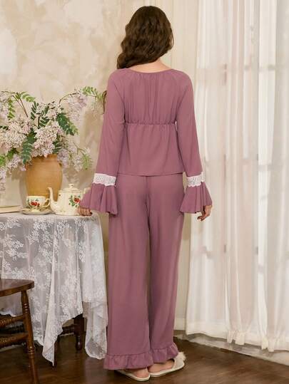 Côtesoire Elegante Romantic Com Tafel Kanten Patchwork Woven Long Sleeve Top Pants Pajama Set, Lotus Roze Ruffle Set Pj Lingerie Pyjama Two Pieces Sleepwear Fall Clothes view 2