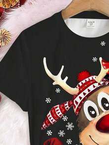 Tween Girls' Casual Merry Christmas Cartoon Reindeer,Snowflake Fair Isle T-Shirt & Leggings Pajama Set,Black Summer Cute Evening Lounge Snug Fit - Multicolor - View 4
