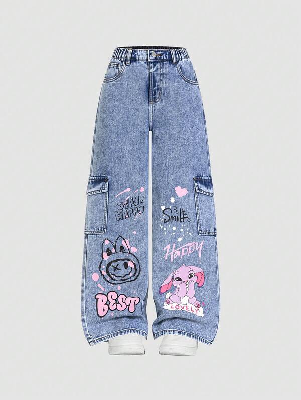 SHEIN Tween Girl Casual Jeans, Fashion Personalized Design, Colorful Cherry Print, Mid-Waist, Loose Straight Leg, Distressed Blue, Street Casual Style