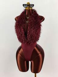 Y2K Amplova Wine Red Furry Halter Neck Sexy Bodysuit For Party Burgundy Burgundy Bodysuit Red Bodysuit Faux Fur Women Bodysuit