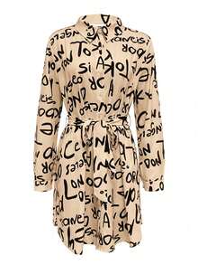 SHEIN LUNE 女士休闲长袖纽扣装饰印花衬衫领连衣裙 - 卡其色 - 查看 3