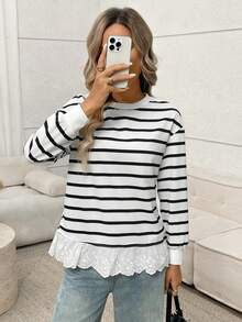 Easowa Striped Print Guipure Lace Hem Drop Shoulder Sweatshirt In Fall/Winter - Black and White - View 3