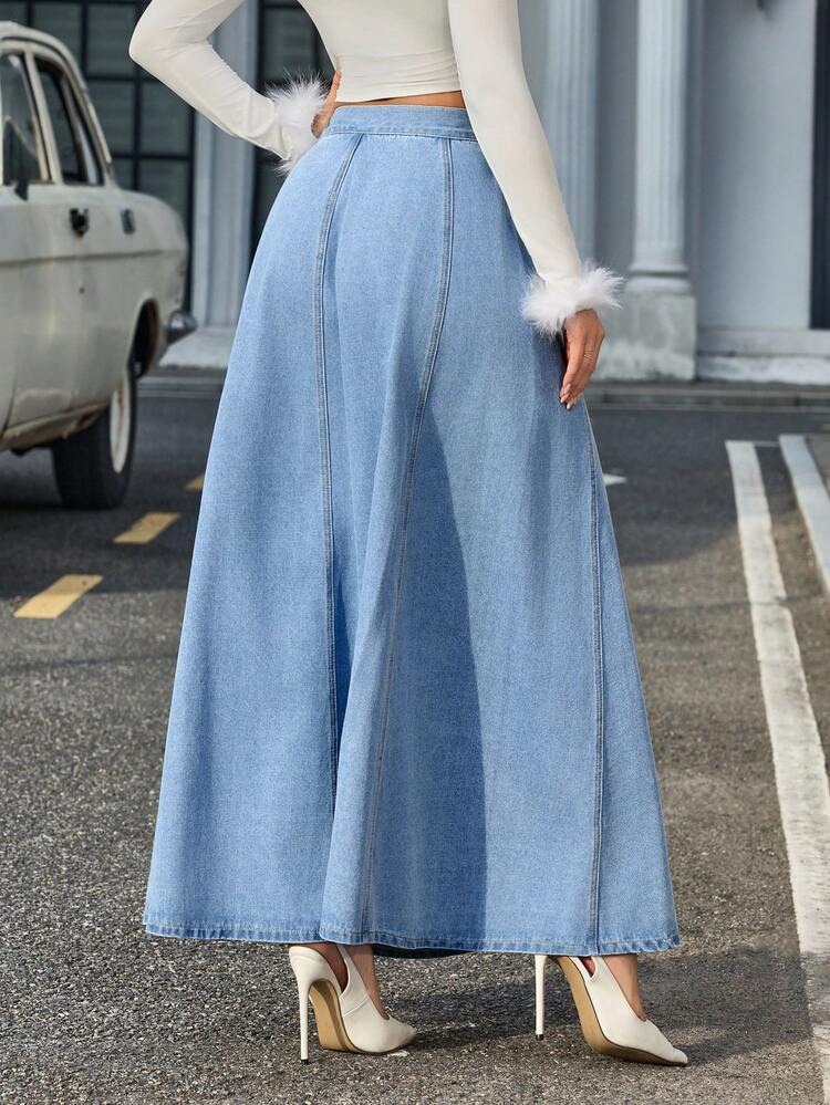 SHEIN Tall 女式纯色简约休闲牛仔裙 - 藍色 - 查看 2