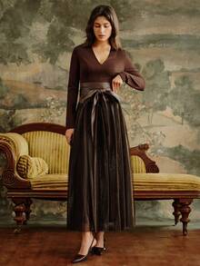 Anewsta Elegant Vintage Elegant V-Neck Long Sleeve Fitted Waist Belt Shiny Mesh Flared Dress For Women, Autumn/Winter - Brown - View 5