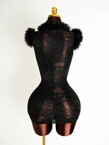 Mistrie Váy ngắn hở vai phối lưới ren gợi cảm cho nữ - màu đen - Xem 2