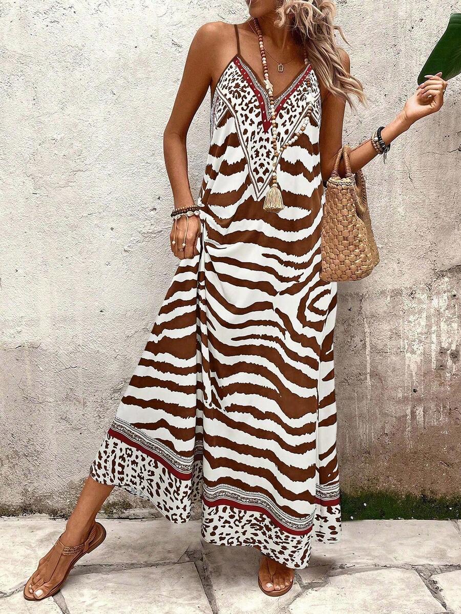 EMERY ROSE Women's Leopard Print Loose Maxi Slip Dress, Elegant For Daily Wear And Vacation, Summer - Brown - View 1