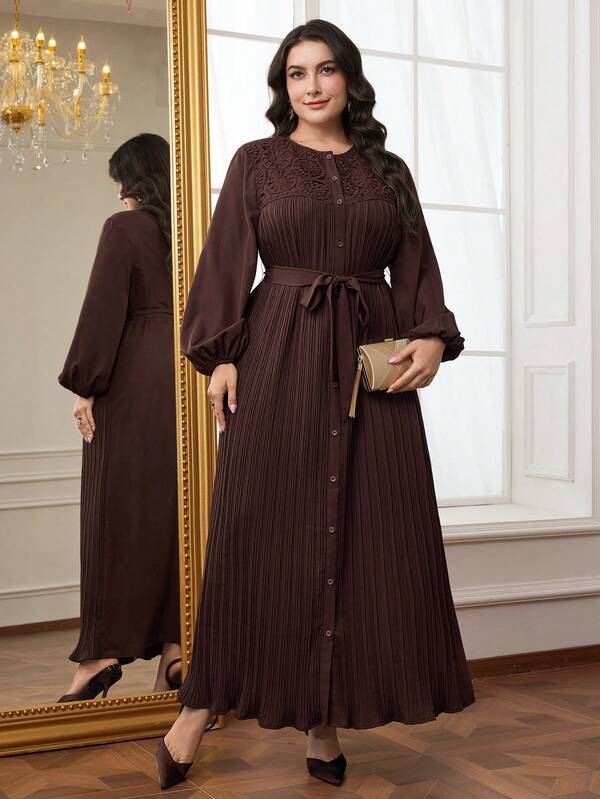 Veilorie Plus Size Solid Color Minimalist Daily Wear Round Neck Long Sleeve Arabic Style Dress