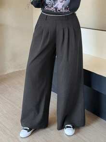 Dazy Plus Color Block Waistband Loose Casual Business Commute Invisible Zipper Straight Leg Long Pants - Dark Grey - View 5