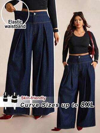 SHEIN CURVE+ Plus Size Solid Color Fold Pleated High Waist Pocket Wide Leg Jeans, Christmas Denim,Christmas,New Year ,New Year Clothes,High Waist Wide Leg Pants Elegant Ladies Wear Comfortable Elastic Waist Autumn Women's Clothing,High Waist Elastic Band Dark Denim Wide Leg,Plus Size Dark Wash Wide-Leg Jeans With Elastic Wais,High Waist Elastic Band Dark Denim Wide Leg,High-Rise Dark Wash Wide Leg Jeans Plus Size,Elegant Commuter Denim Style