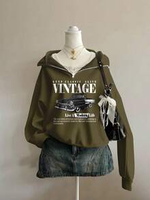 Attitoon Casual Women's Loose Half-Zip High Neck Vintage Car Print Fleece Sweatshirt, Olive Green, Suitable For Autumn/Winter, Y2K, Street Style Graphic