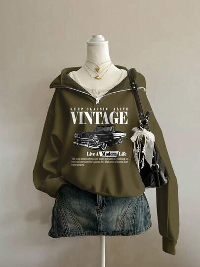 Attitoon 女士宽松半拉链高领复古汽车印花羊毛运动衫，橄榄绿色，适合秋冬、Y2K、街头风格