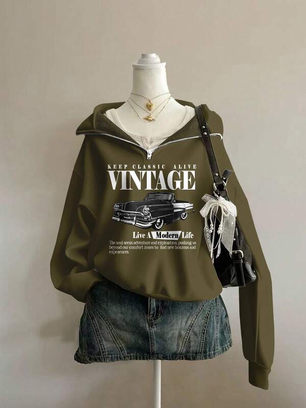 Attitoon Women's Loose Half-Zip High Neck Vintage Car Print Fleece Sweatshirt, Olive Green, Suitable For Autumn/Winter, Y2K, Street Style