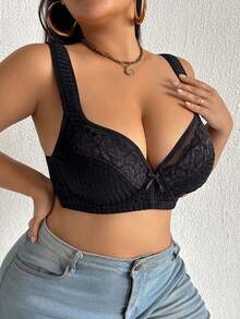 Plus Size Women Lace Patchwork Bra - Black - View 9