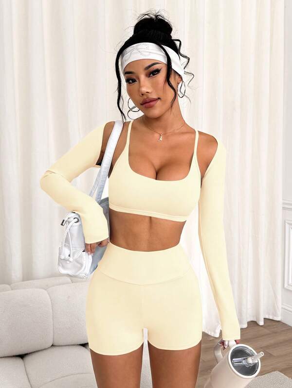 Sovereign Charm Conjunto de 3 piezas de mujer: Chaqueta corta casual de manga ultra corta, sujetador deportivo con tirantes cruzados en la espalda y shorts ajustados