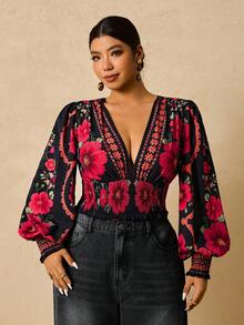 Travachic 大码女式波西米亚花卉印花黑色长袖系带衬衫，节日装 - 黑色 - 查看 3
