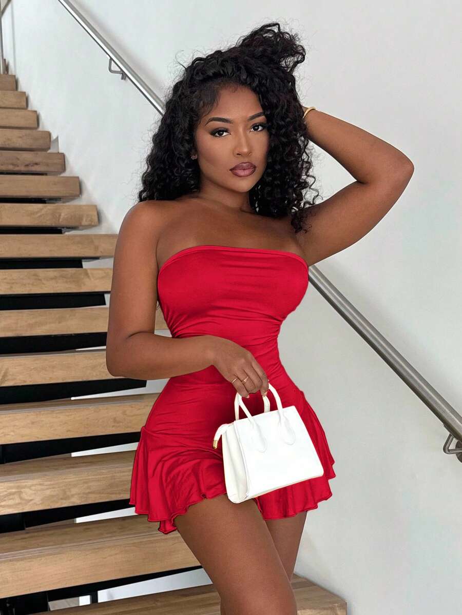 Alexandranx 褶皱下摆露肩连体裤新年服装 - 紅色 - 查看 1